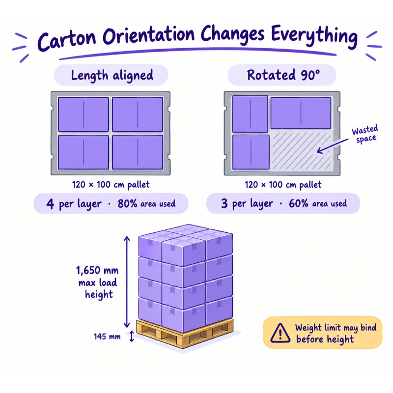 pallet calculator Comparison of two carton orientations on a pallet showing four cartons per layer at 80 percent area use versus three at 60 percent.